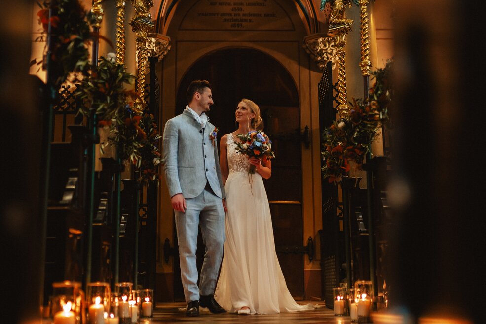 The bride and groom in the old salt works underground