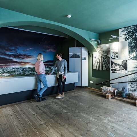 Couple in front of the model of the Pre-Alps