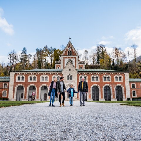 Family in front of the old salt works in Bad Reichenhall